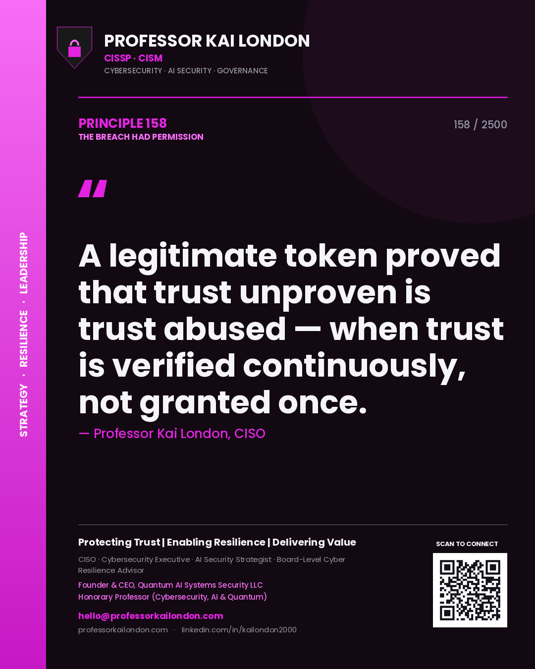 Professor Kai London principle 158: A legitimate token proved that trust unproven is trust abused — when trust is verified continuously, not granted once.