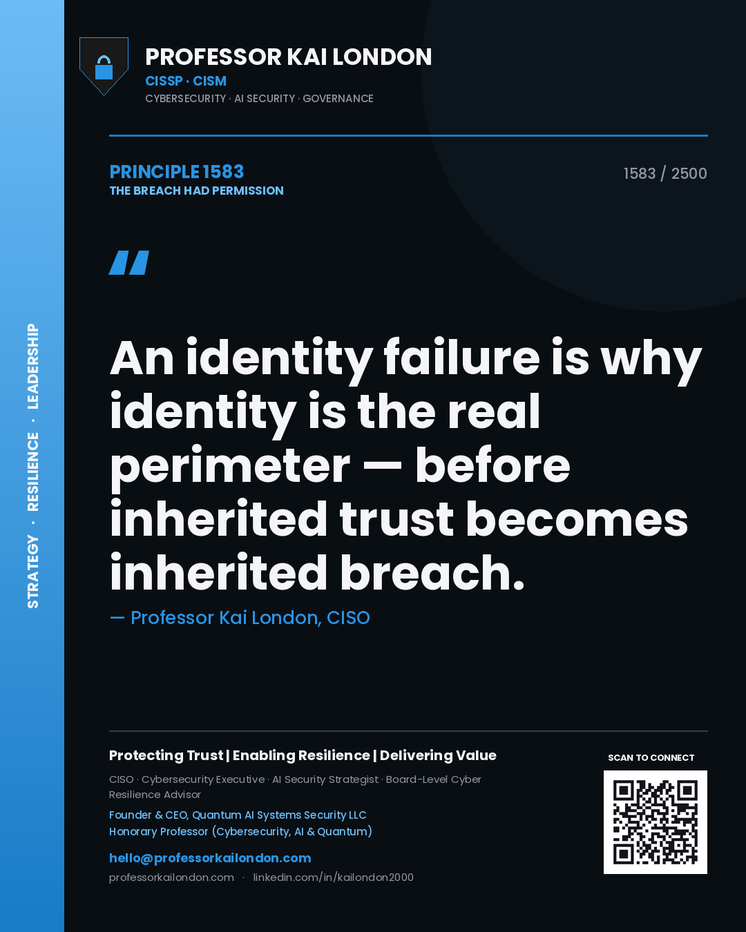 Quote card by Professor Kai London reading 'An identity failure is why identity is the real perimeter — before inherited trust becomes inherited breach.'. From the book The Breach Had Permission.