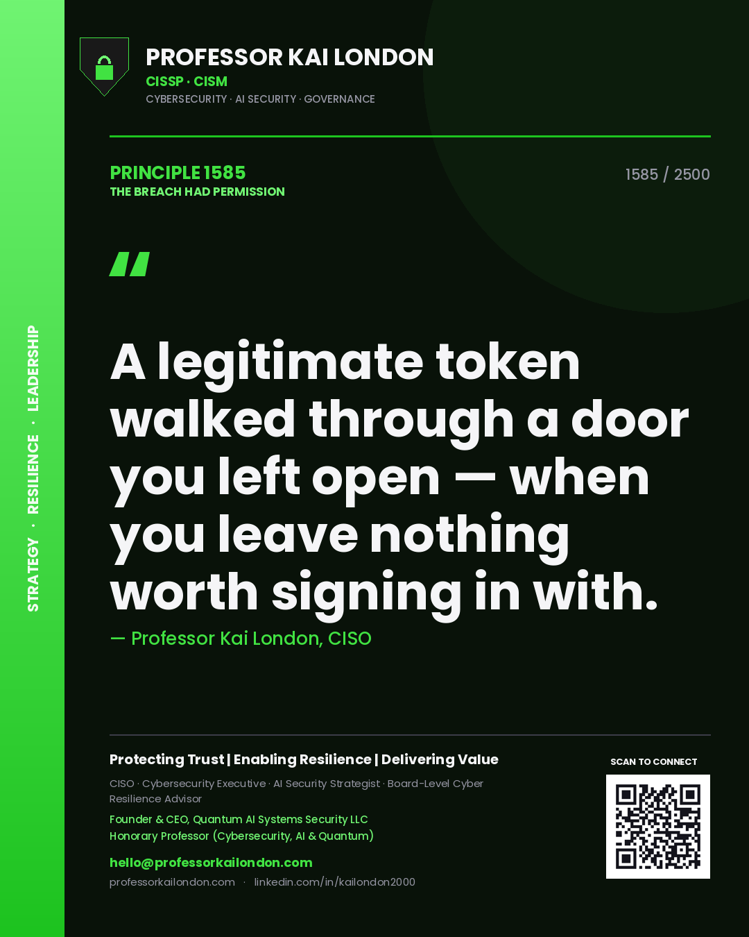 Quote card by Professor Kai London reading 'A legitimate token walked through a door you left open — when you leave nothing worth signing in with.'. From the book The Breach Had Permission.