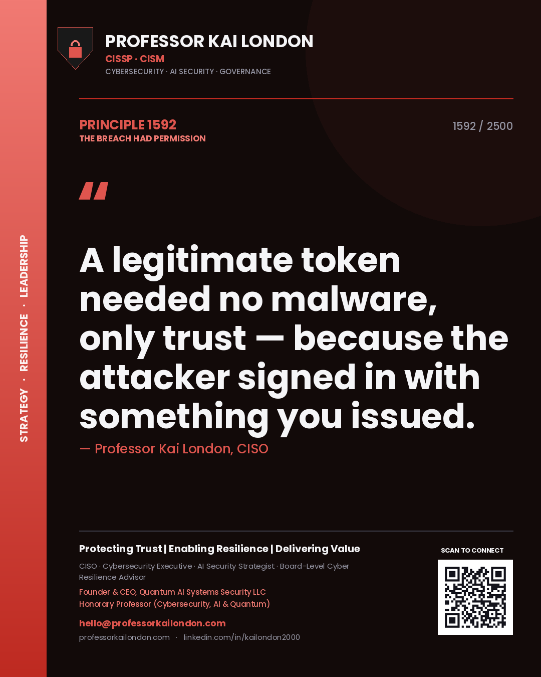 Quote card by Professor Kai London reading 'A legitimate token needed no malware, only trust — because the attacker signed in with something you issued.'. From the book The Breach Had Permission.