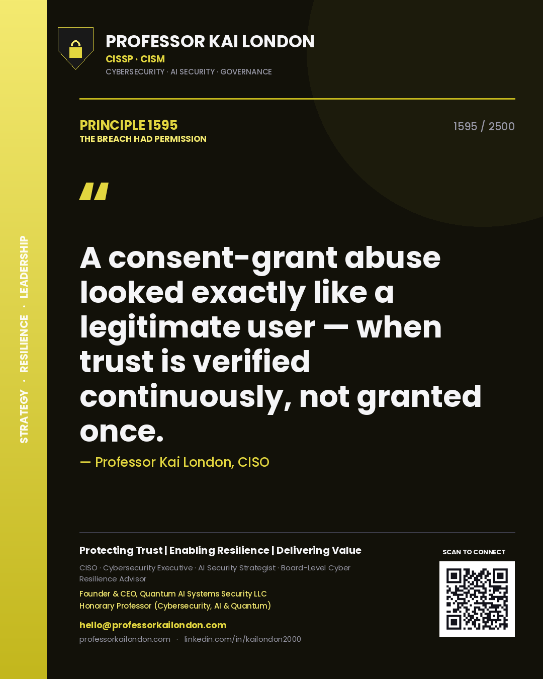 Professor Kai London principle 1595: A consent-grant abuse looked exactly like a legitimate user — when trust is verified continuously, not granted once.
