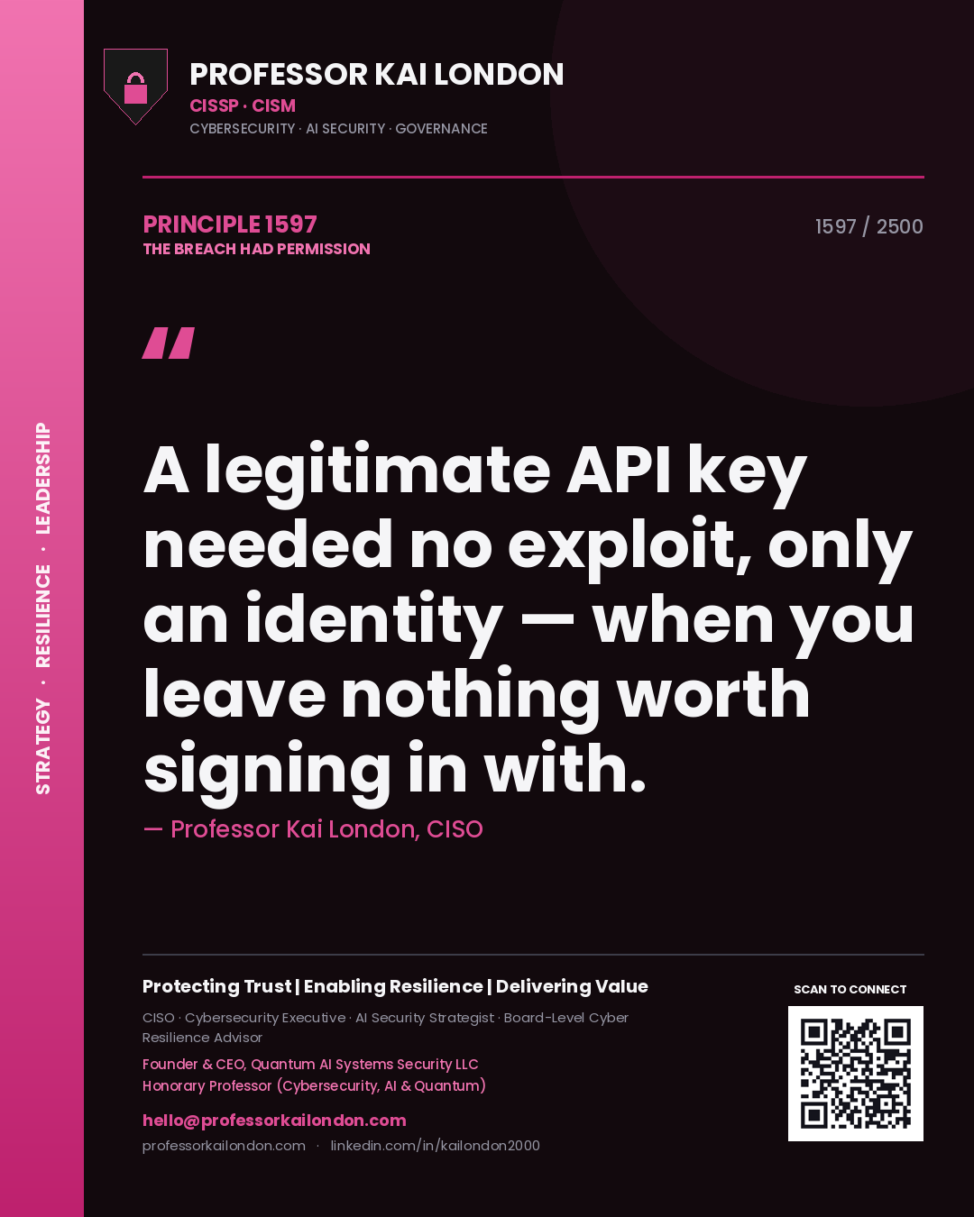 Professor Kai London principle 1597: A legitimate API key needed no exploit, only an identity — when you leave nothing worth signing in with.
