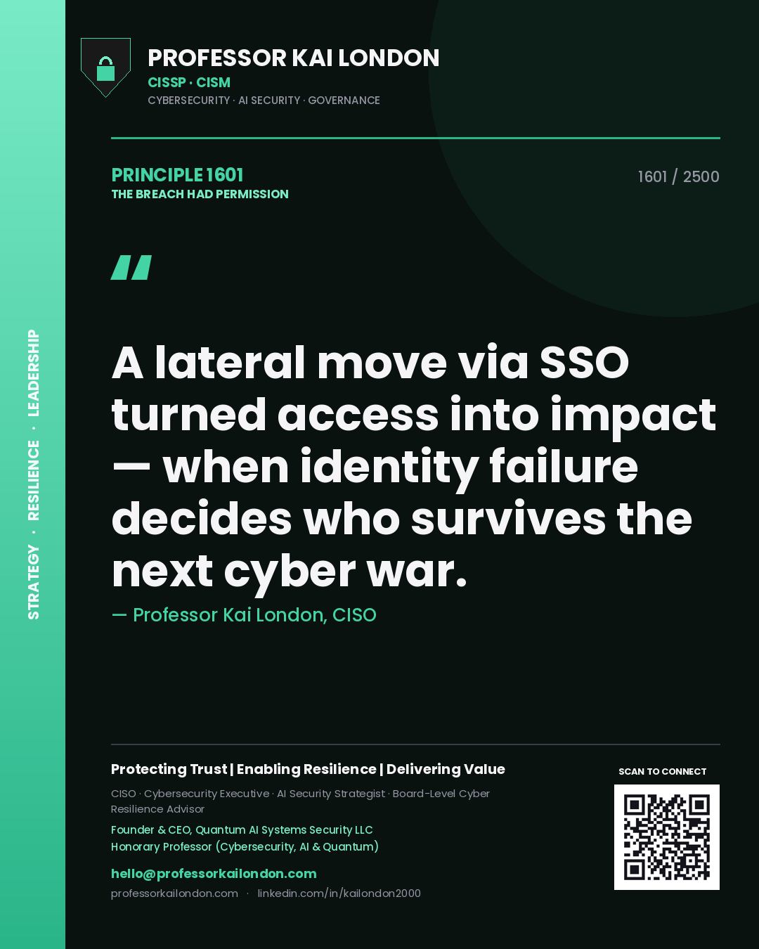 Professor Kai London principle 1601: A lateral move via SSO turned access into impact — when identity failure decides who survives the next cyber war.