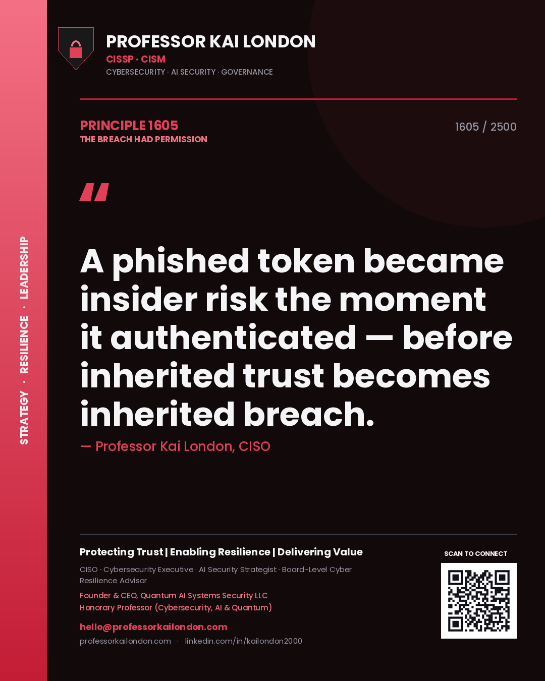 Professor Kai London principle 1605: A phished token became insider risk the moment it authenticated — before inherited trust becomes inherited breach.