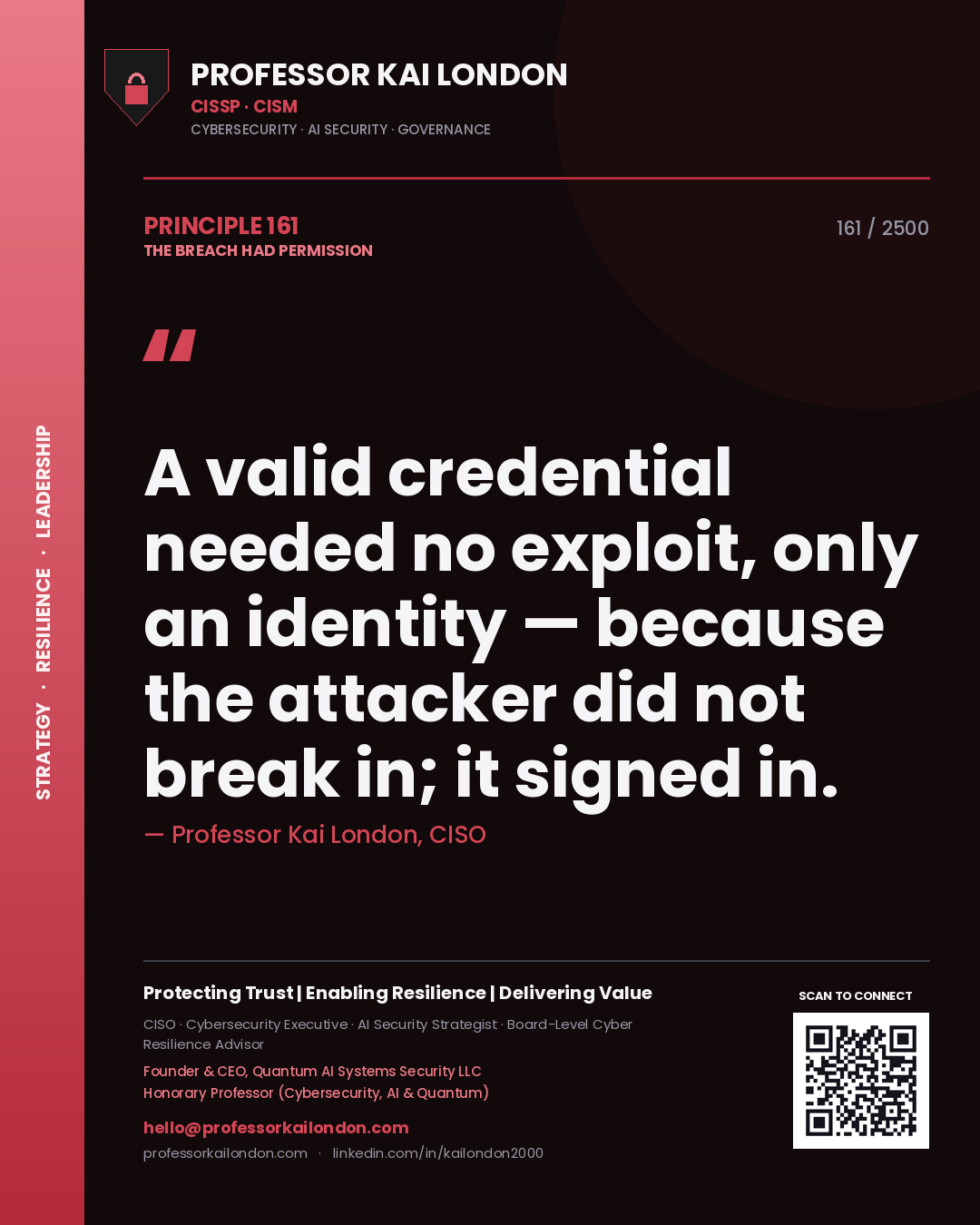 Professor Kai London principle 161: A valid credential needed no exploit, only an identity — because the attacker did not break in; it signed in.