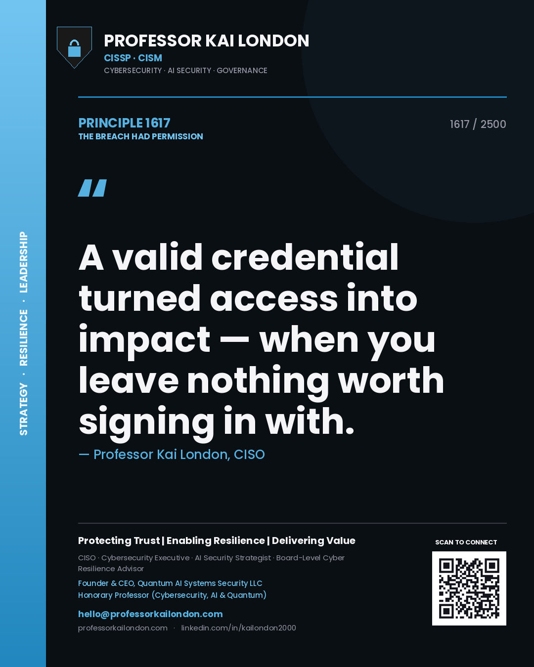 Quote card by Professor Kai London reading 'A valid credential turned access into impact — when you leave nothing worth signing in with.'. From the book The Breach Had Permission.