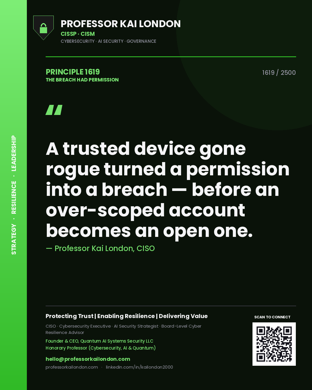 Quote card by Professor Kai London reading 'A trusted device gone rogue turned a permission into a breach — before an over-scoped account becomes an open one.'. From the book The Breach Had Permission.