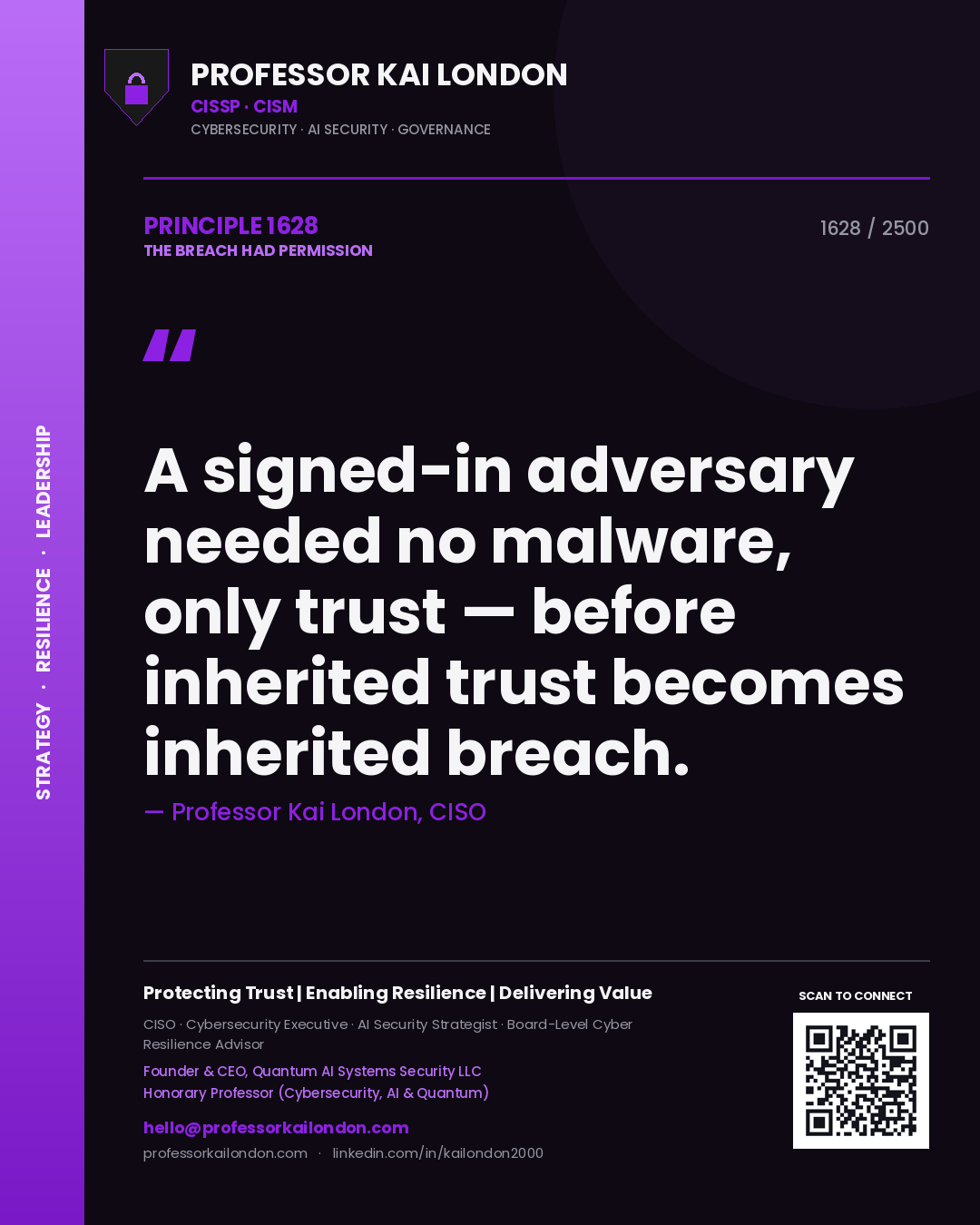 Professor Kai London principle 1628: A signed-in adversary needed no malware, only trust — before inherited trust becomes inherited breach.