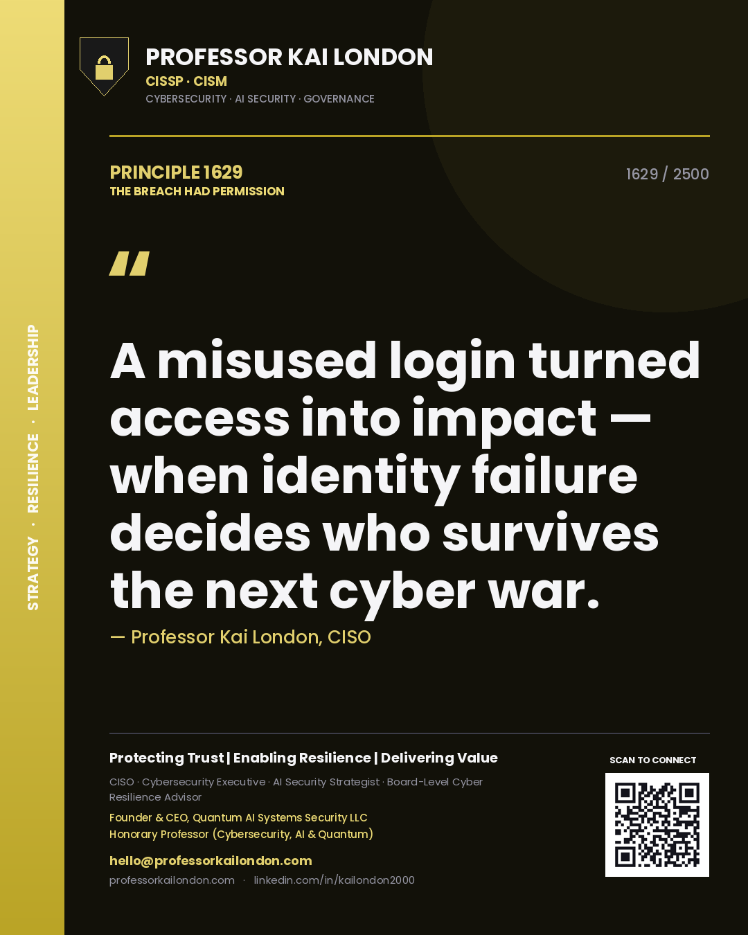 Quote card by Professor Kai London reading 'A misused login turned access into impact — when identity failure decides who survives the next cyber war.'. From the book The Breach Had Permission.