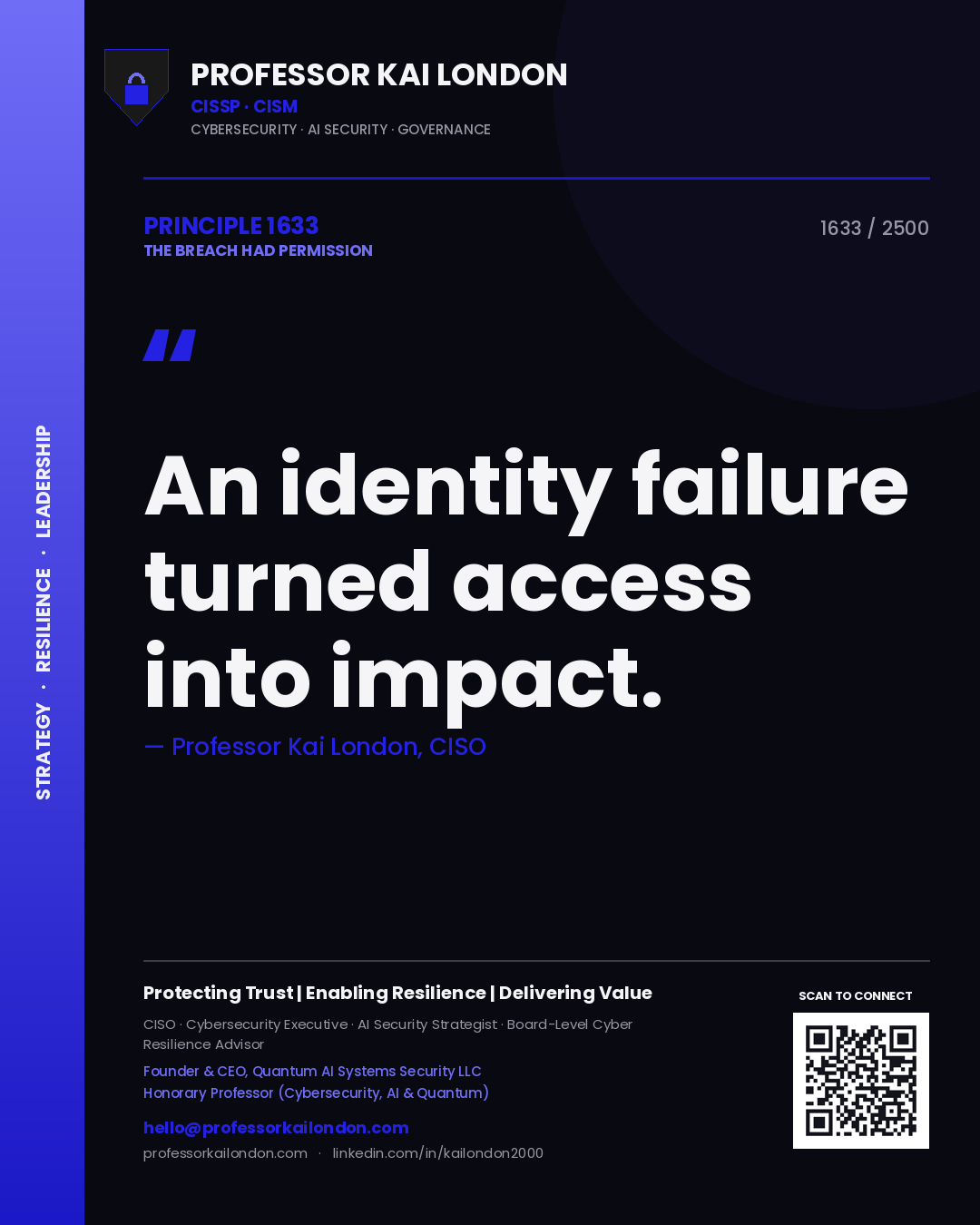 Quote card by Professor Kai London reading 'An identity failure turned access into impact.'. From the book The Breach Had Permission.