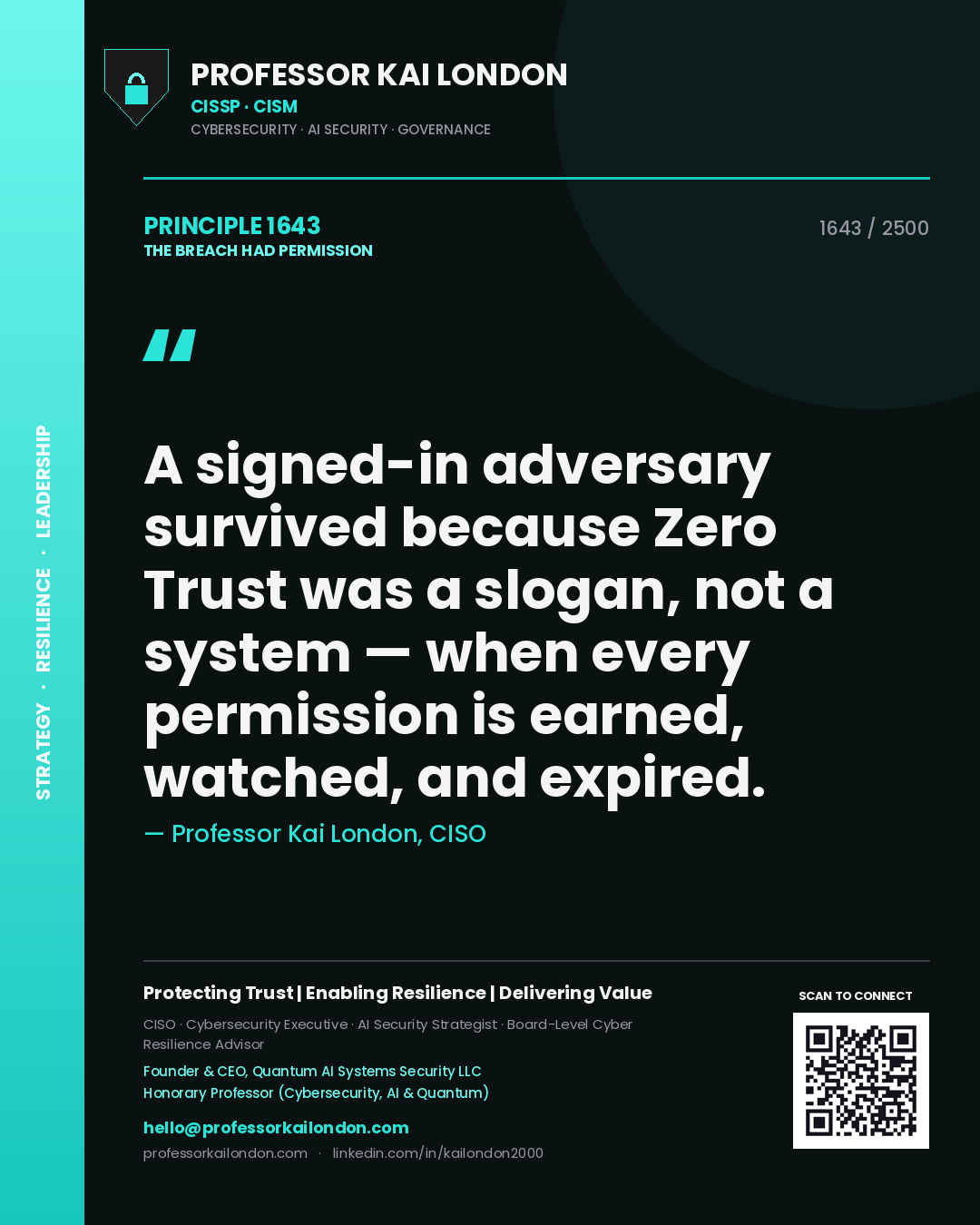 Professor Kai London principle 1643: A signed-in adversary survived because Zero Trust was a slogan, not a system — when every permission is earned, watched, and expired.