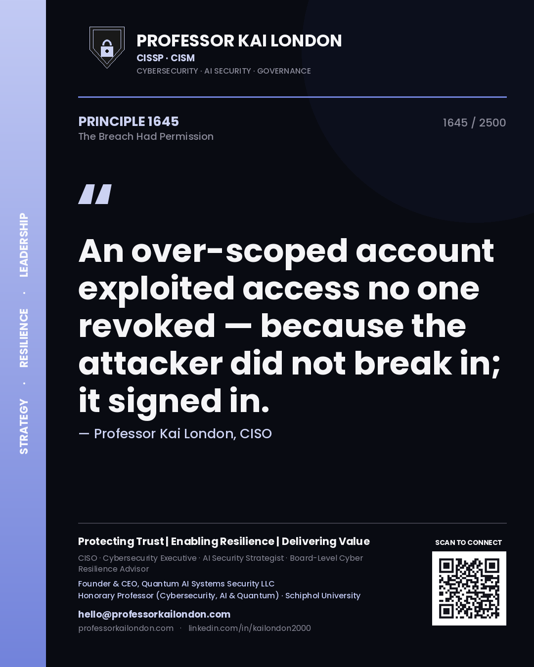 Professor Kai London principle 1645: An over-scoped account exploited access no one revoked — because the attacker did not break in; it signed in.