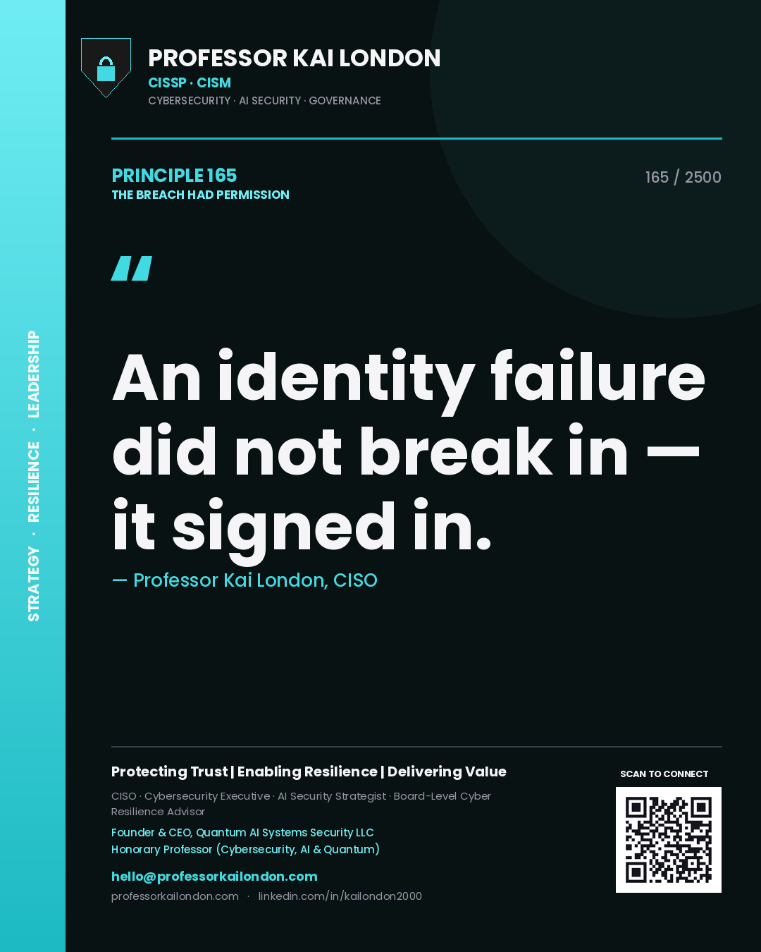 Professor Kai London principle 165: An identity failure did not break in — it signed in.