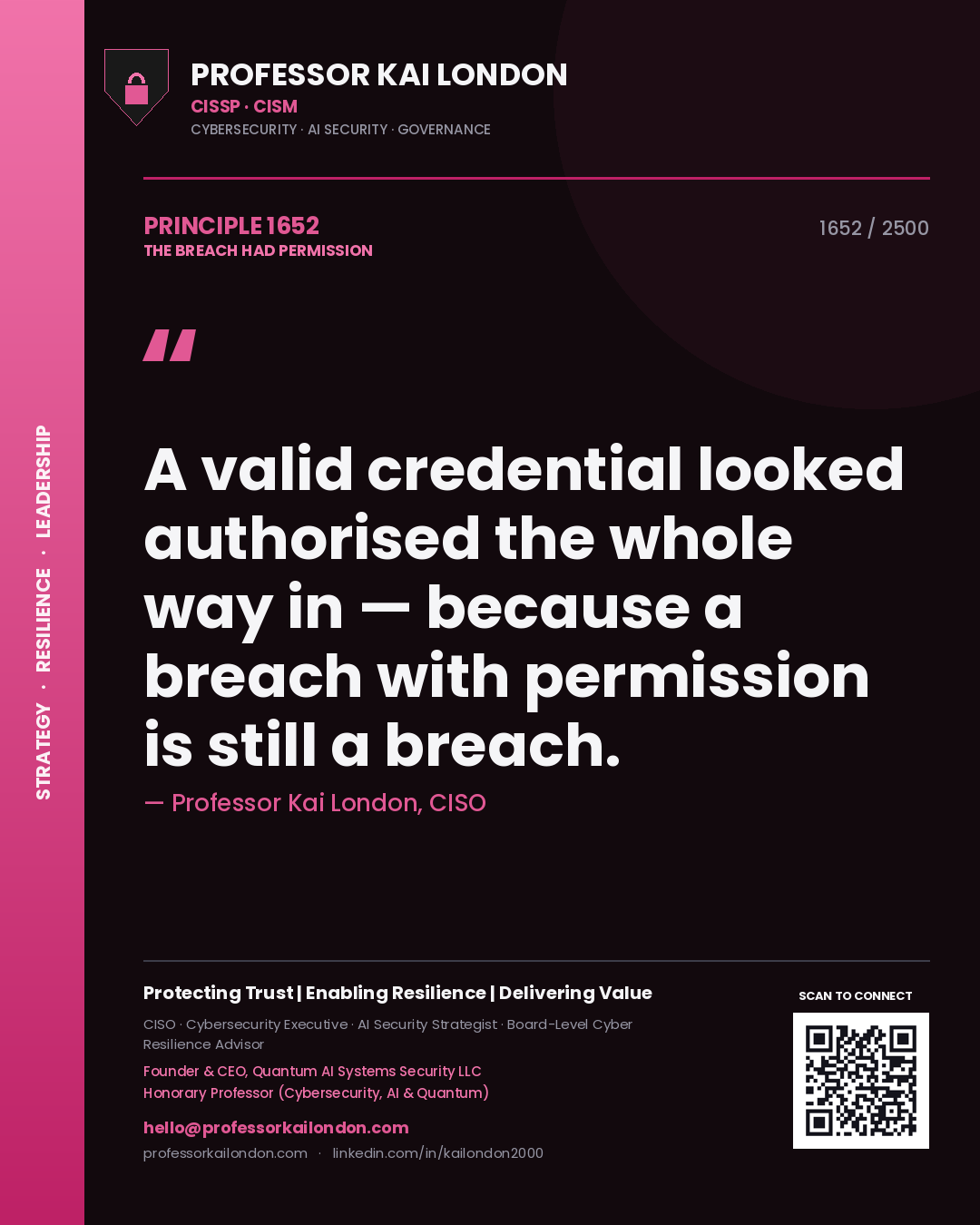 Quote card by Professor Kai London reading 'A valid credential looked authorised the whole way in — because a breach with permission is still a breach.'. From the book The Breach Had Permission.