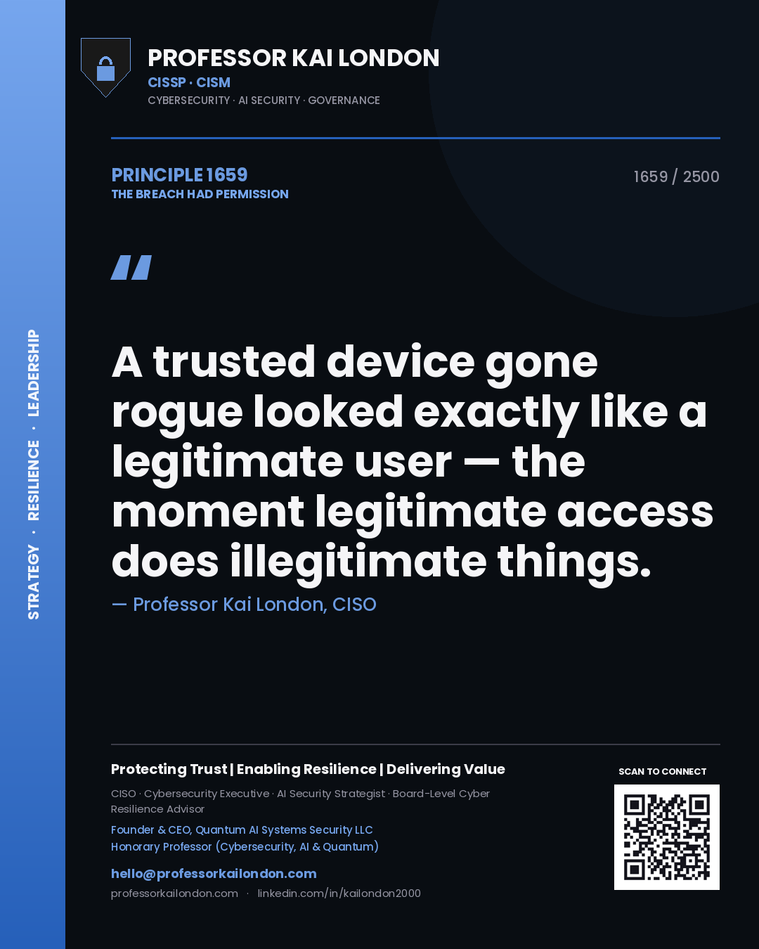 Professor Kai London principle 1659: A trusted device gone rogue looked exactly like a legitimate user — the moment legitimate access does illegitimate things.