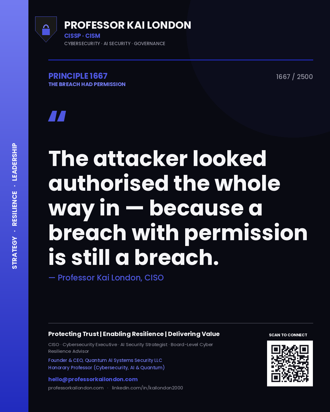 Professor Kai London principle 1667: The attacker looked authorised the whole way in — because a breach with permission is still a breach.