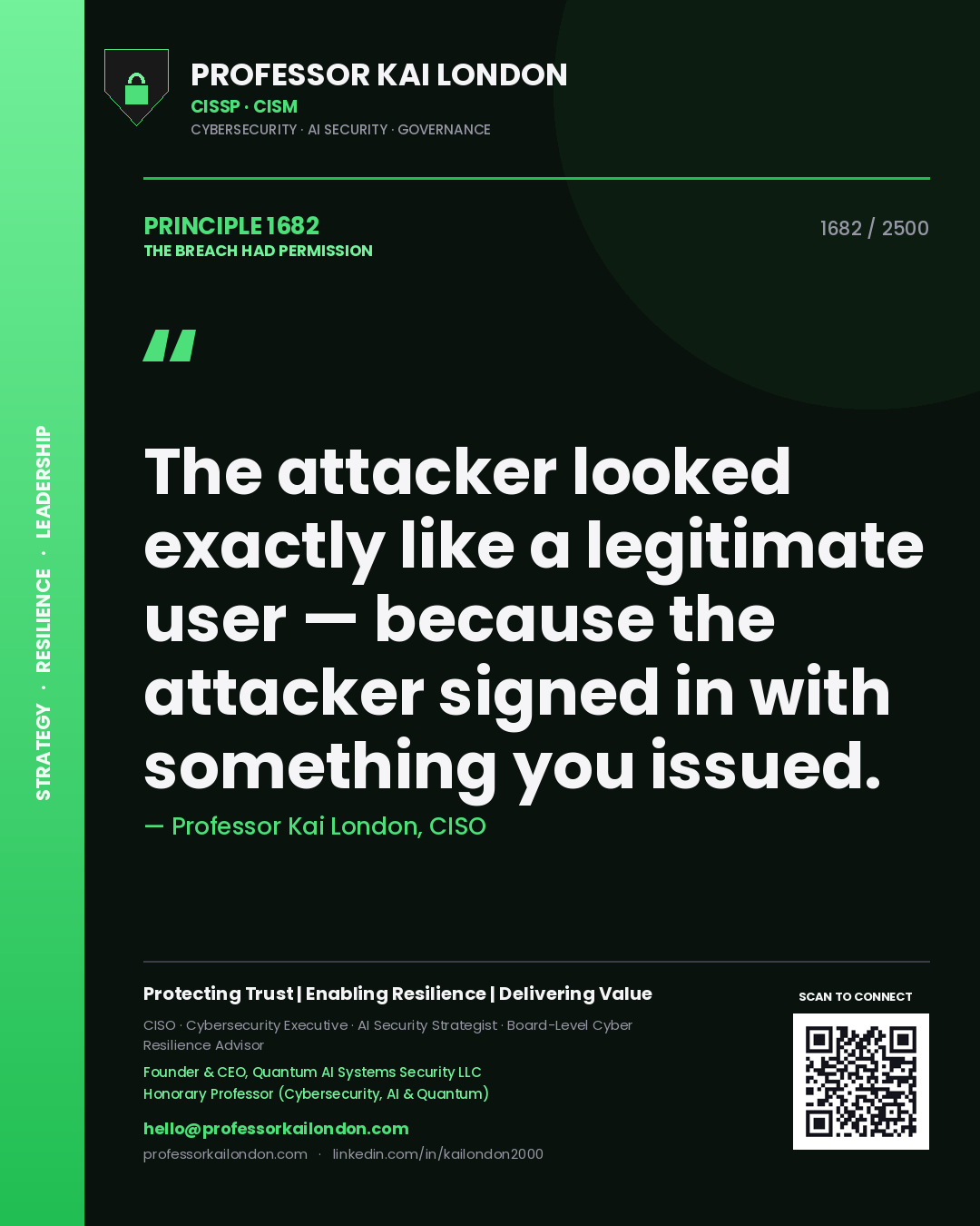 Professor Kai London principle 1682: The attacker looked exactly like a legitimate user — because the attacker signed in with something you issued.