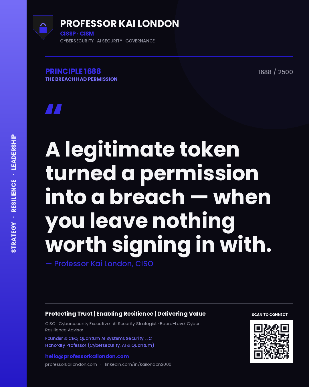 Quote card by Professor Kai London reading 'A legitimate token turned a permission into a breach — when you leave nothing worth signing in with.'. From the book The Breach Had Permission.