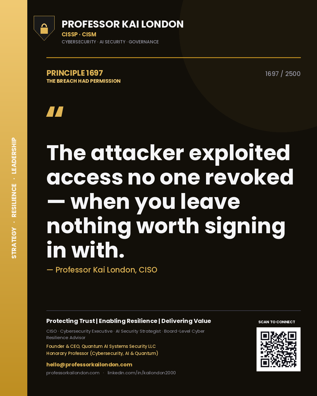 Professor Kai London principle 1697: The attacker exploited access no one revoked — when you leave nothing worth signing in with.