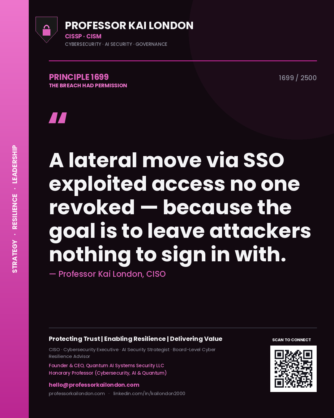 Professor Kai London principle 1699: A lateral move via SSO exploited access no one revoked — because the goal is to leave attackers nothing to sign in with.