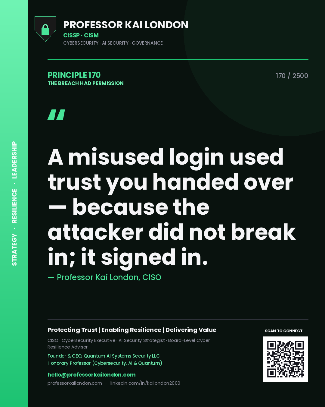 Quote card by Professor Kai London reading 'A misused login used trust you handed over — because the attacker did not break in; it signed in.'. From the book The Breach Had Permission.