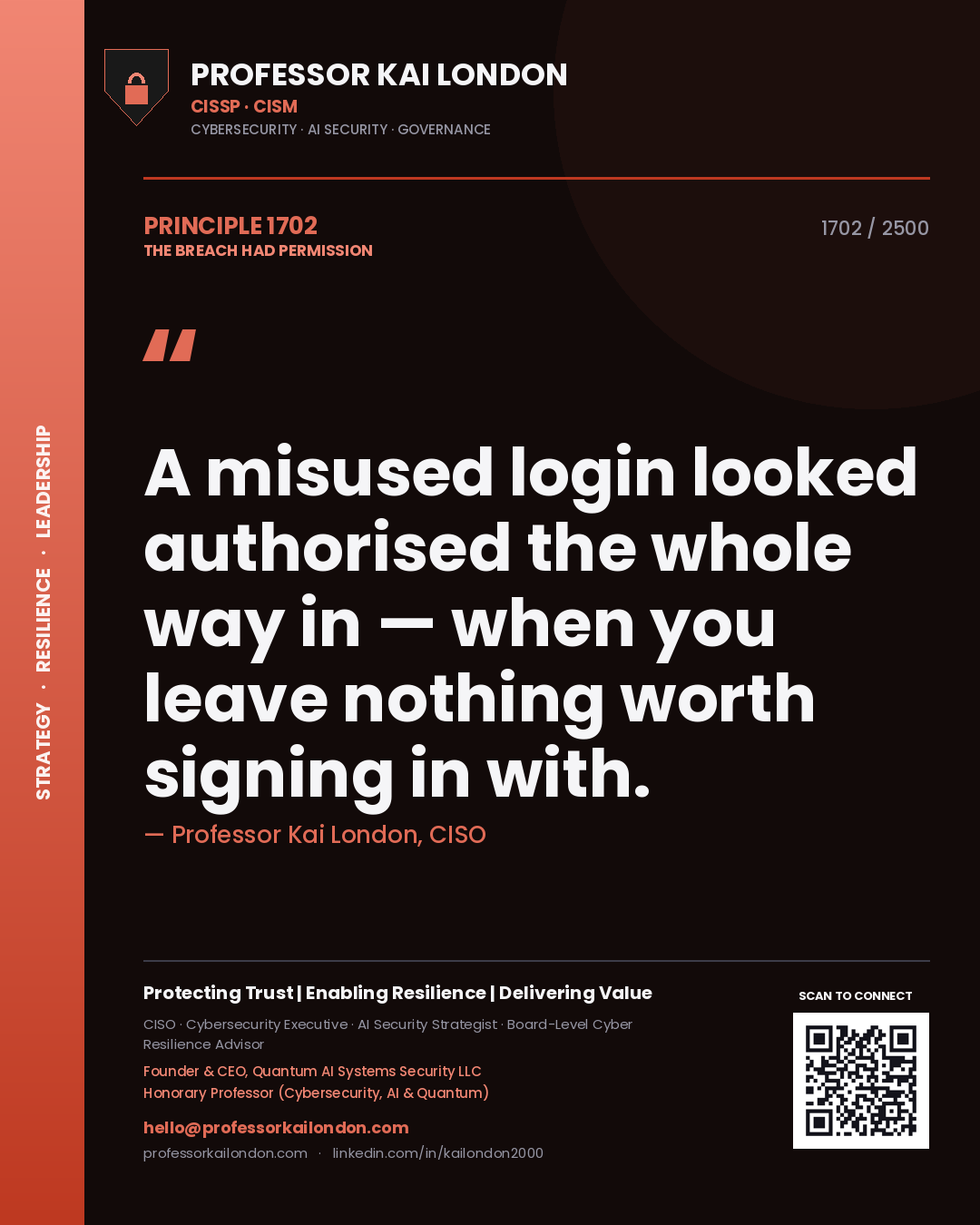 Professor Kai London principle 1702: A misused login looked authorised the whole way in — when you leave nothing worth signing in with.