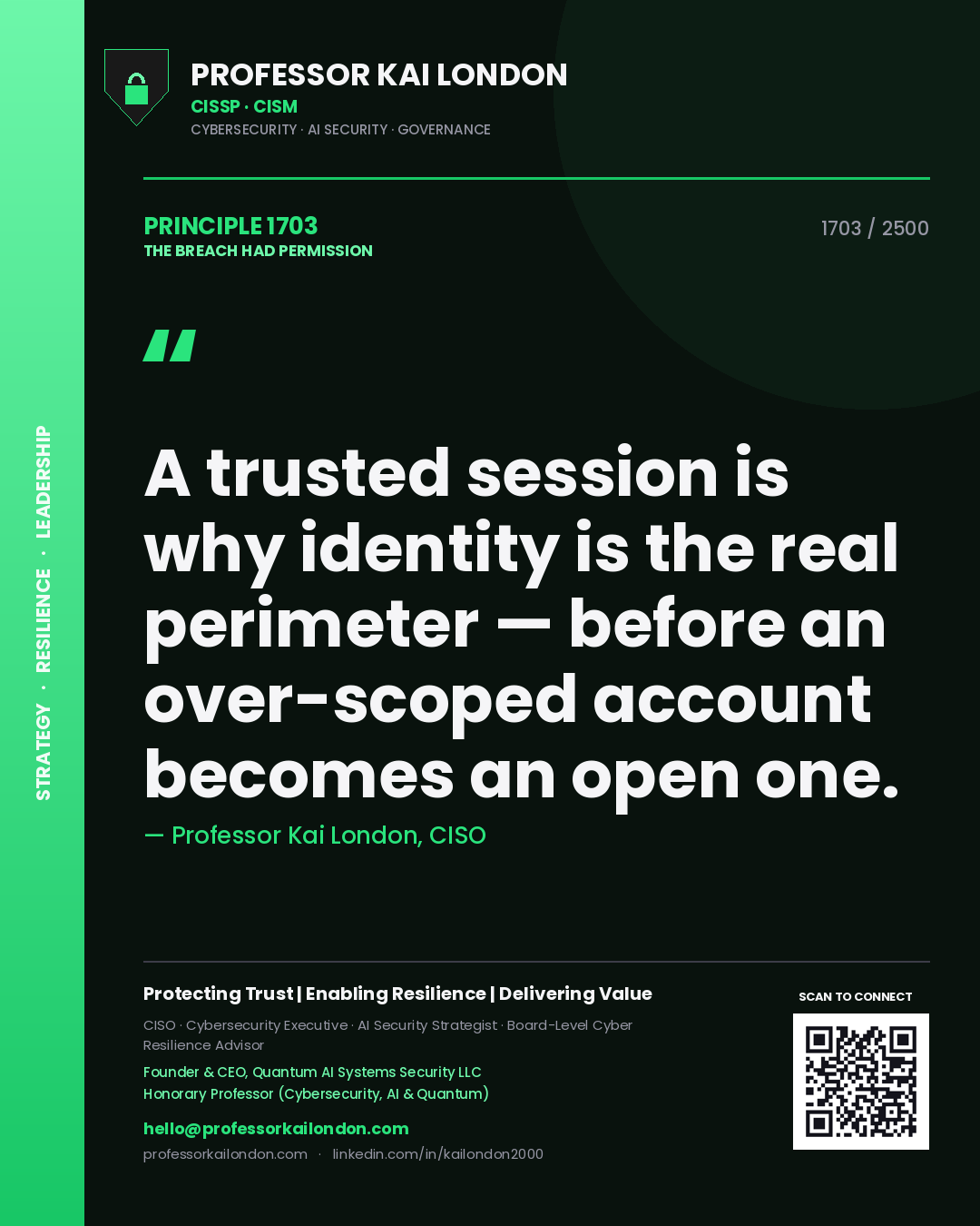 Professor Kai London principle 1703: A trusted session is why identity is the real perimeter — before an over-scoped account becomes an open one.