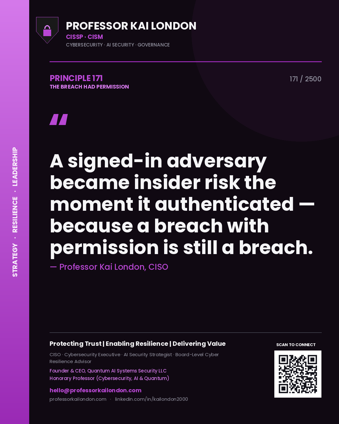 Professor Kai London principle 171: A signed-in adversary became insider risk the moment it authenticated — because a breach with permission is still a breach.