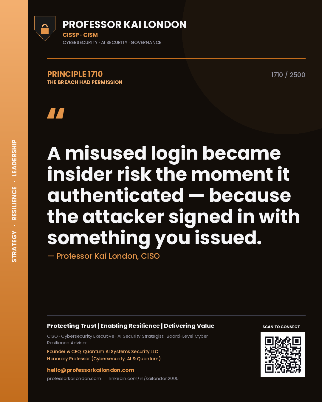 Professor Kai London principle 1710: A misused login became insider risk the moment it authenticated — because the attacker signed in with something you issued.