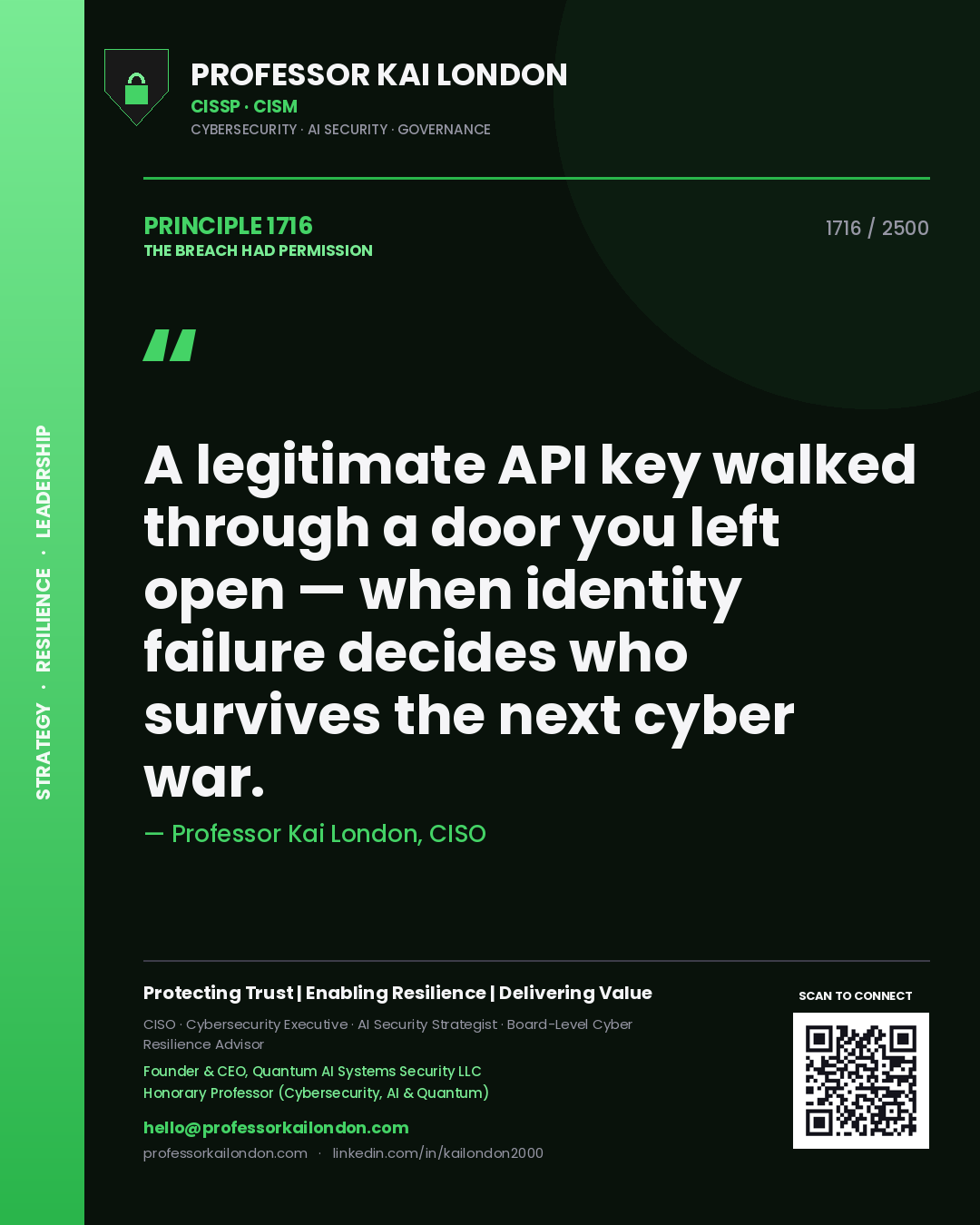 Quote card by Professor Kai London reading 'A legitimate API key walked through a door you left open — when identity failure decides who survives the next cyber war.'. From the book The Breach Had Permission.