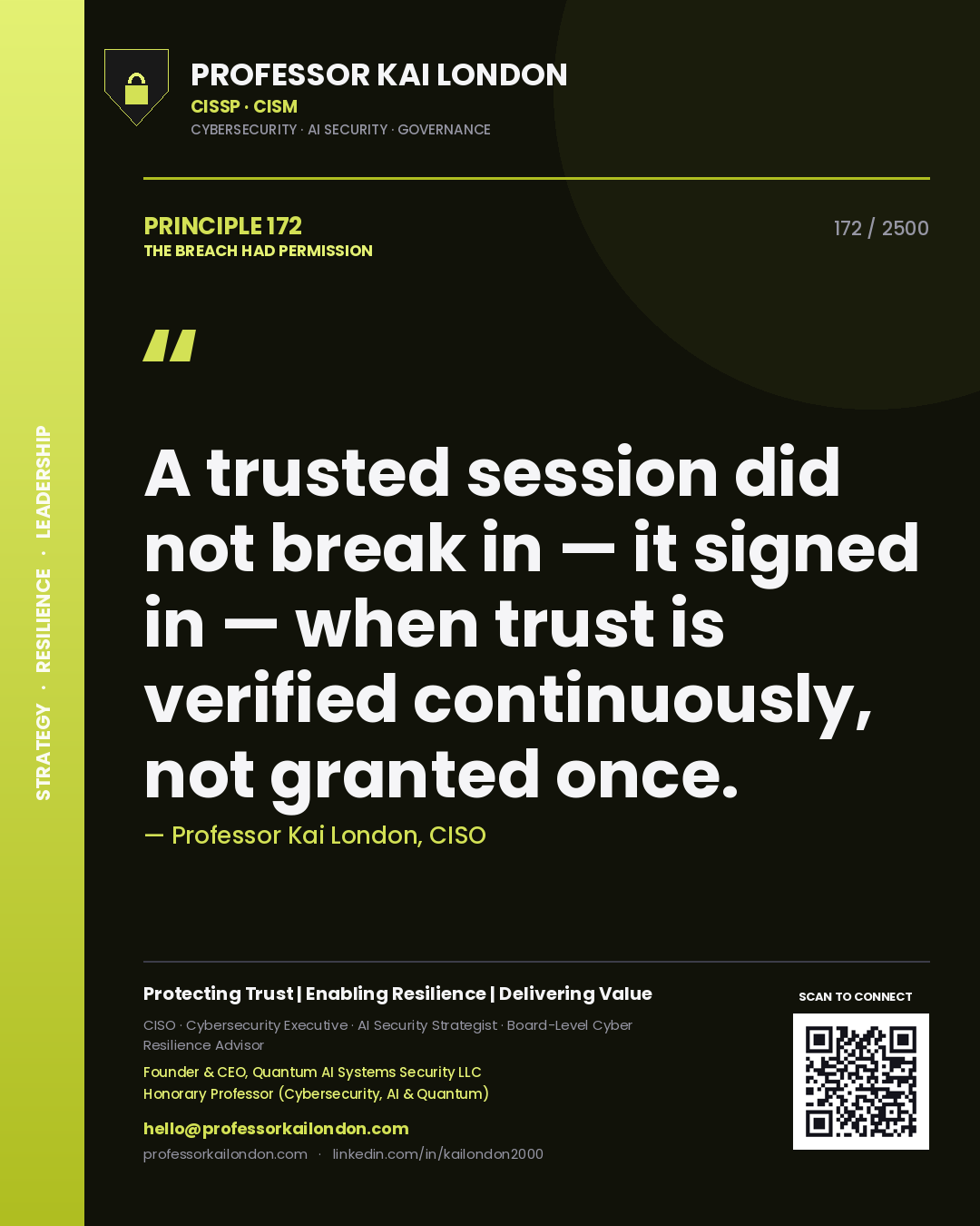 Quote card by Professor Kai London reading 'A trusted session did not break in — it signed in — when trust is verified continuously, not granted once.'. From the book The Breach Had Permission.