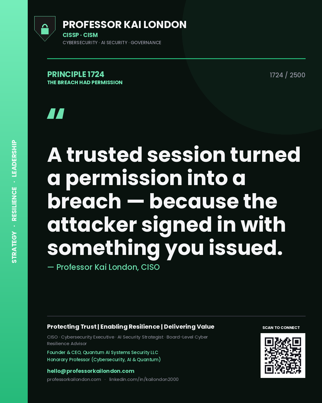 Professor Kai London principle 1724: A trusted session turned a permission into a breach — because the attacker signed in with something you issued.