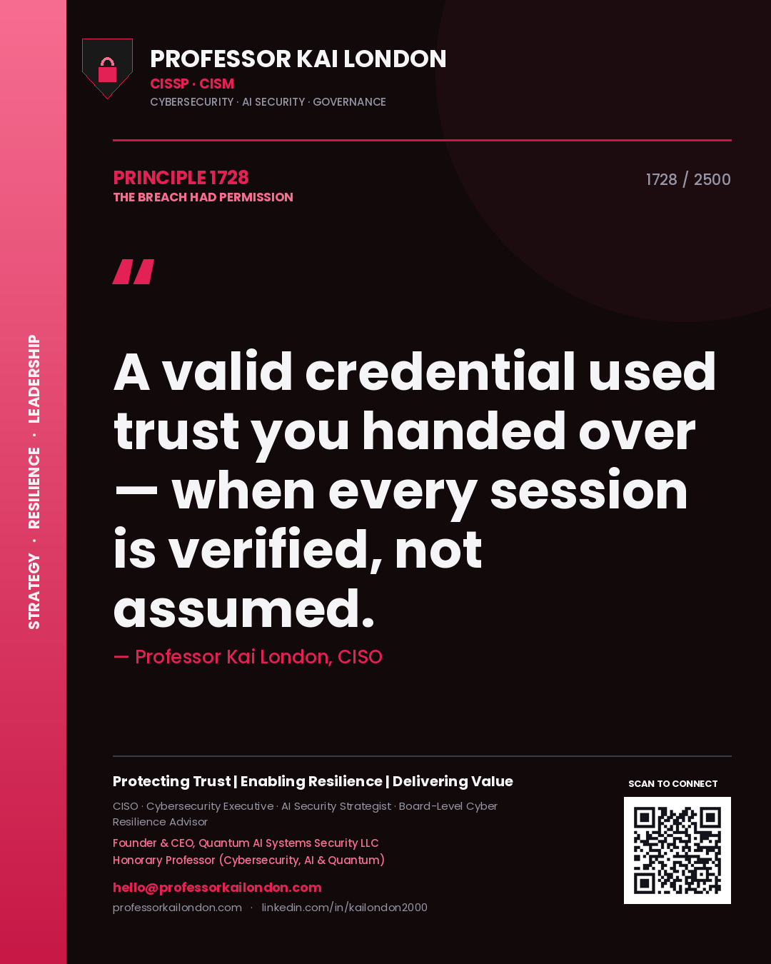 Professor Kai London principle 1728: A valid credential used trust you handed over — when every session is verified, not assumed.
