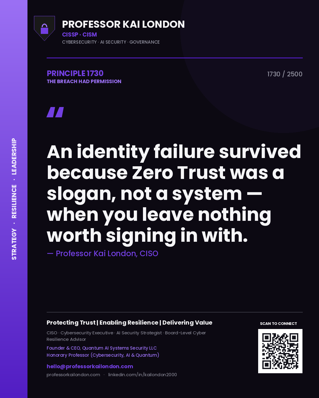Professor Kai London principle 1730: An identity failure survived because Zero Trust was a slogan, not a system — when you leave nothing worth signing in with.