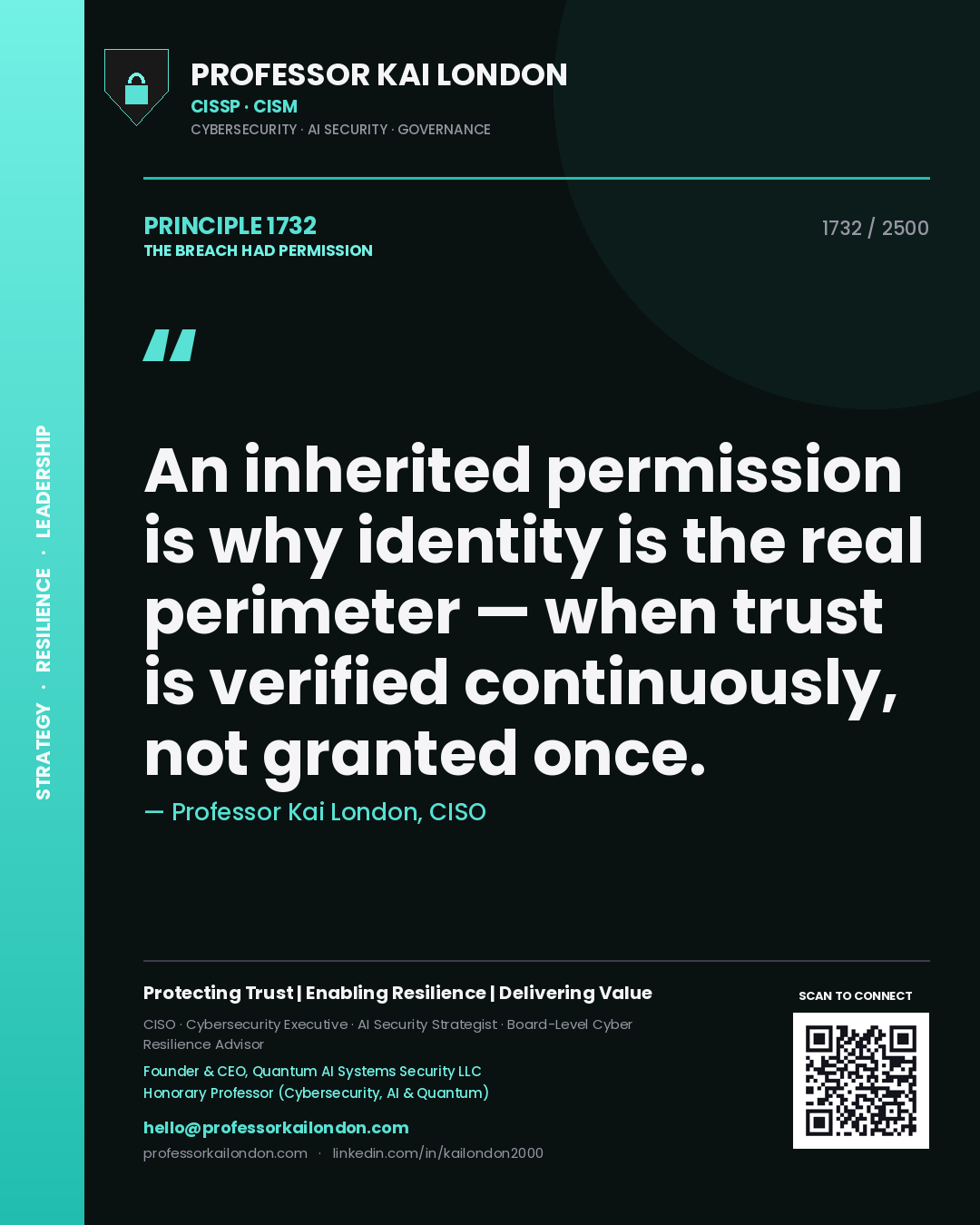 Professor Kai London principle 1732: An inherited permission is why identity is the real perimeter — when trust is verified continuously, not granted once.