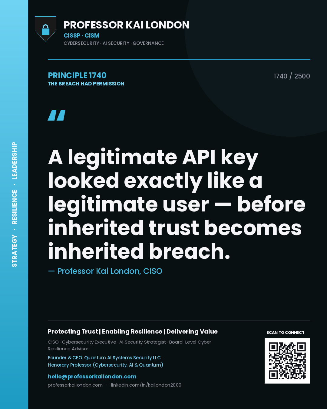 Professor Kai London principle 1740: A legitimate API key looked exactly like a legitimate user — before inherited trust becomes inherited breach.