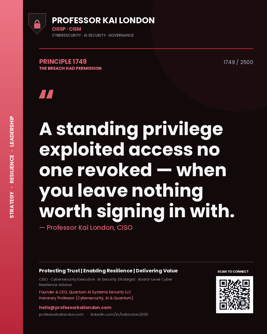 Professor Kai London principle 1749: A standing privilege exploited access no one revoked — when you leave nothing worth signing in with.