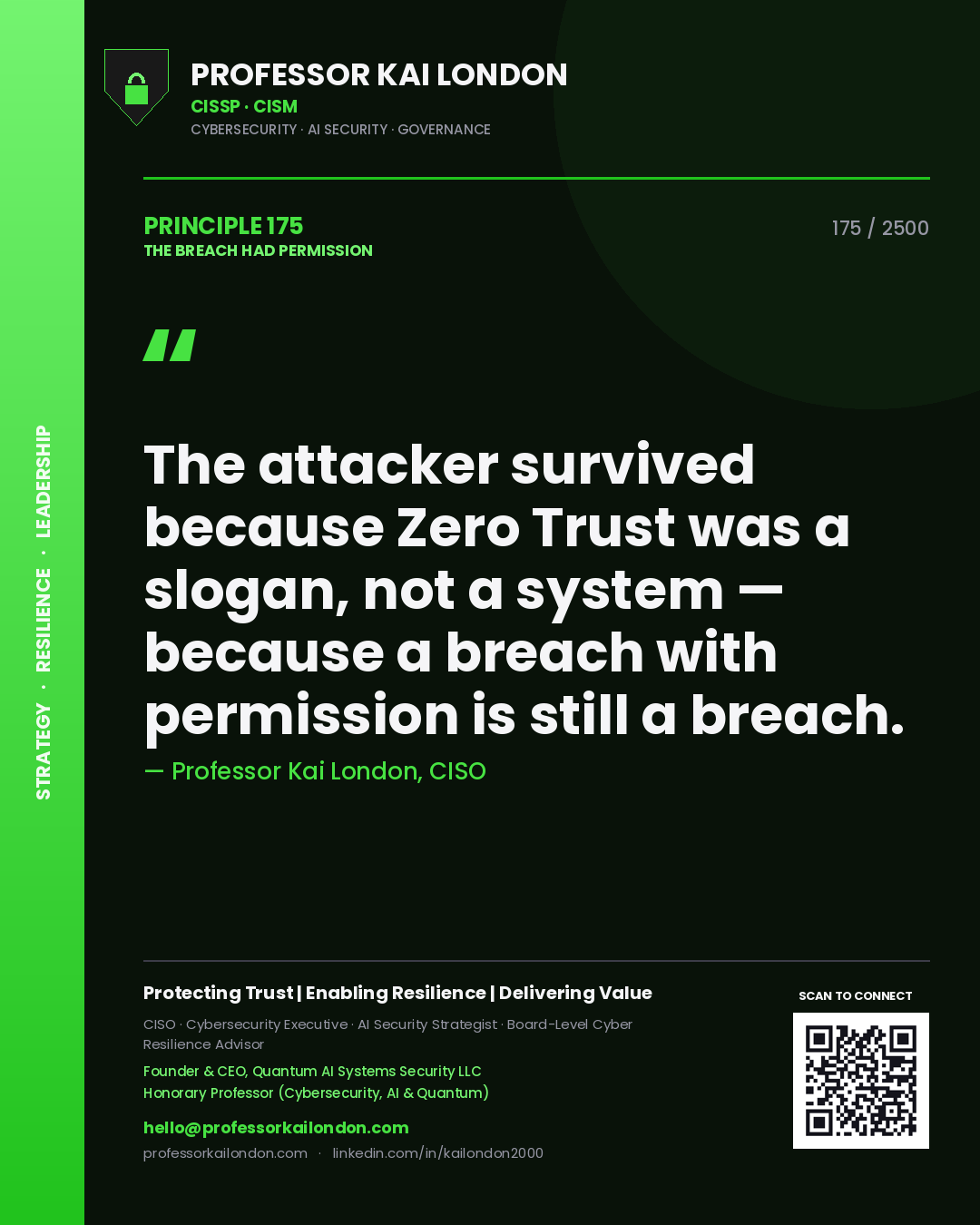 Professor Kai London principle 175: The attacker survived because Zero Trust was a slogan, not a system — because a breach with permission is still a breach.