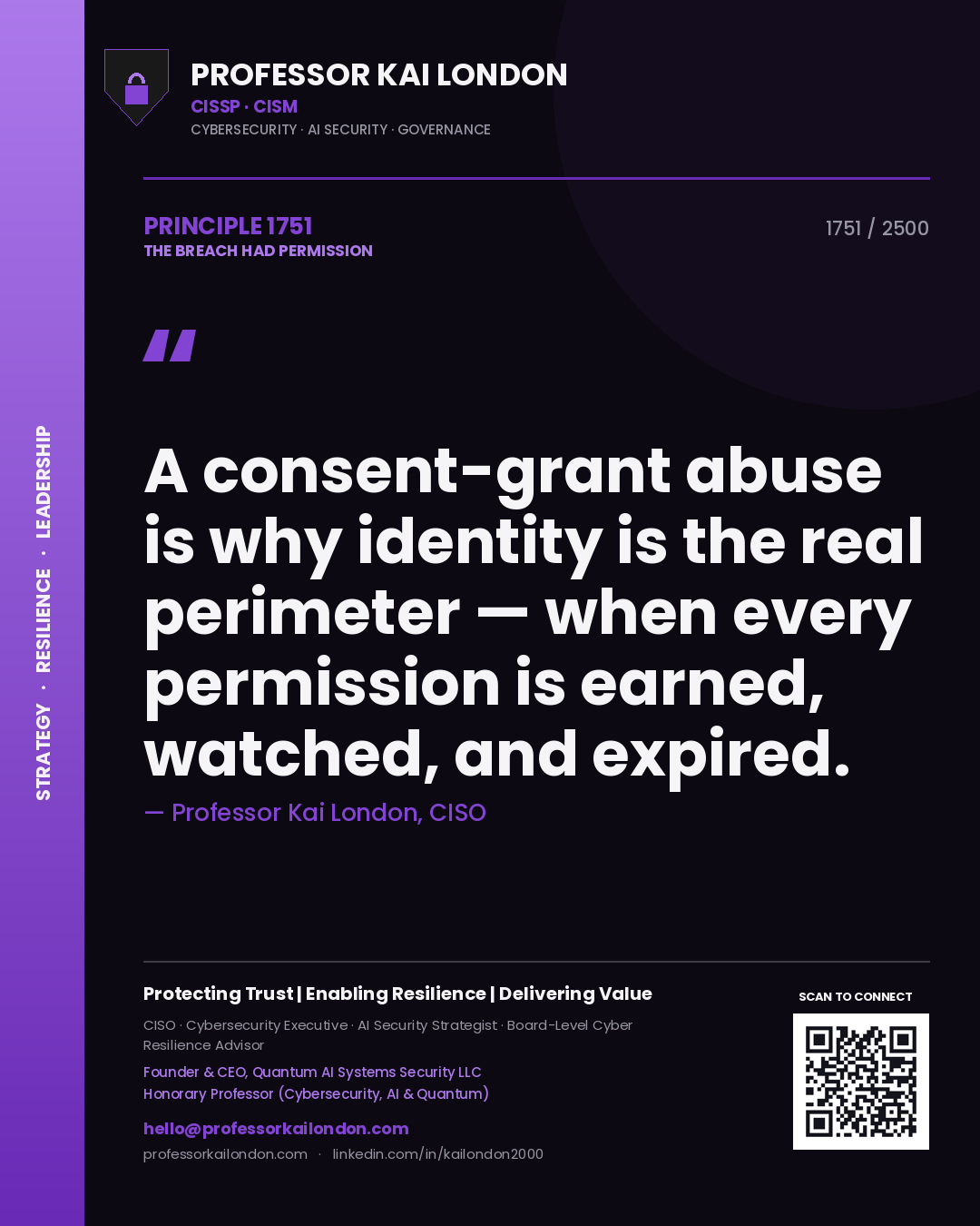 Quote card by Professor Kai London reading 'A consent-grant abuse is why identity is the real perimeter — when every permission is earned, watched, and expired.'. From the book The Breach Had Permission.