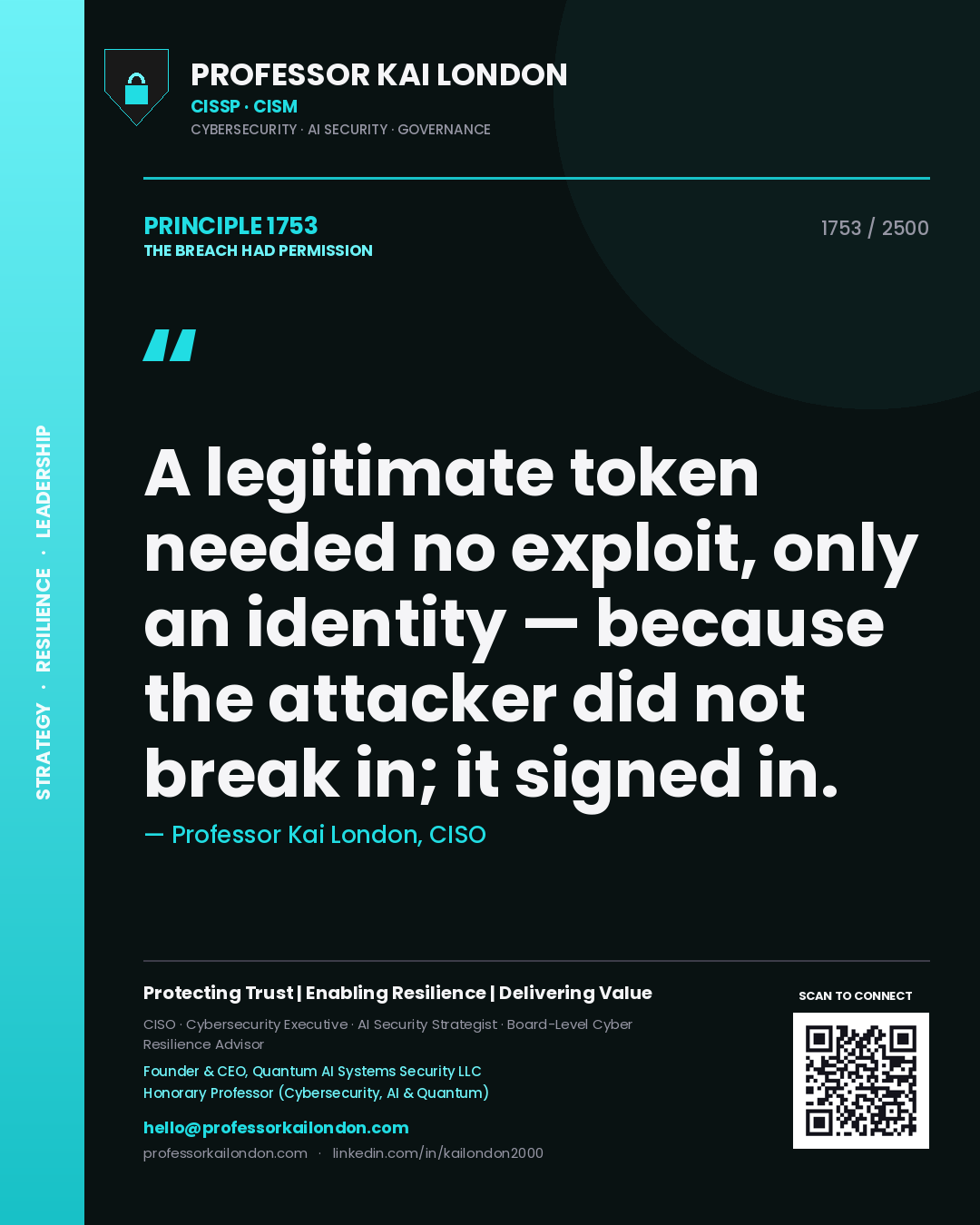 Professor Kai London principle 1753: A legitimate token needed no exploit, only an identity — because the attacker did not break in; it signed in.