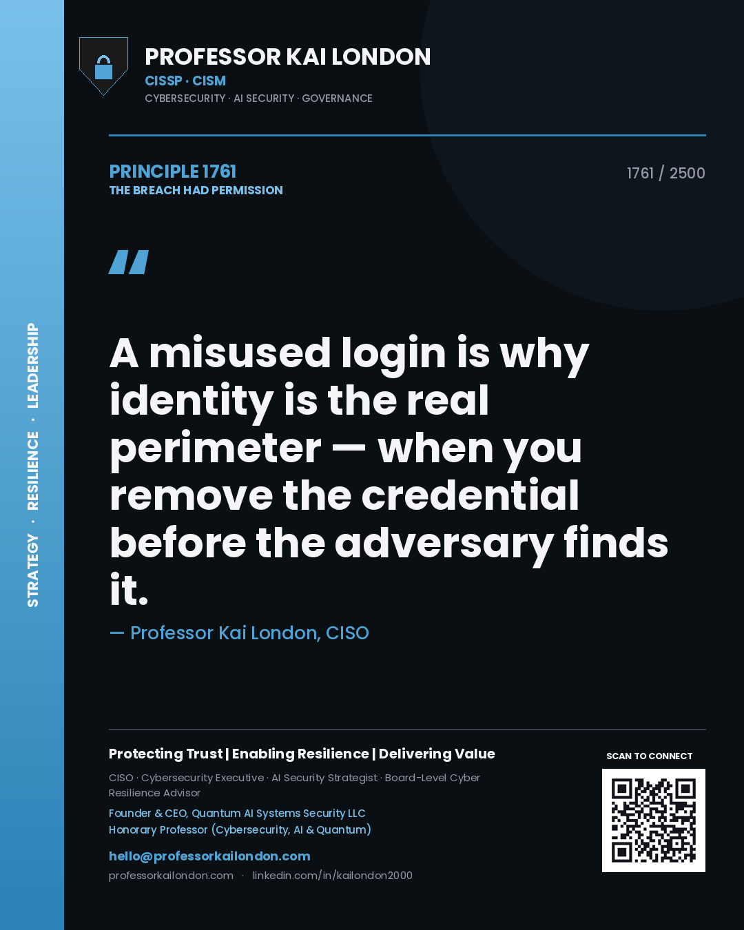 Professor Kai London principle 1761: A misused login is why identity is the real perimeter — when you remove the credential before the adversary finds it.