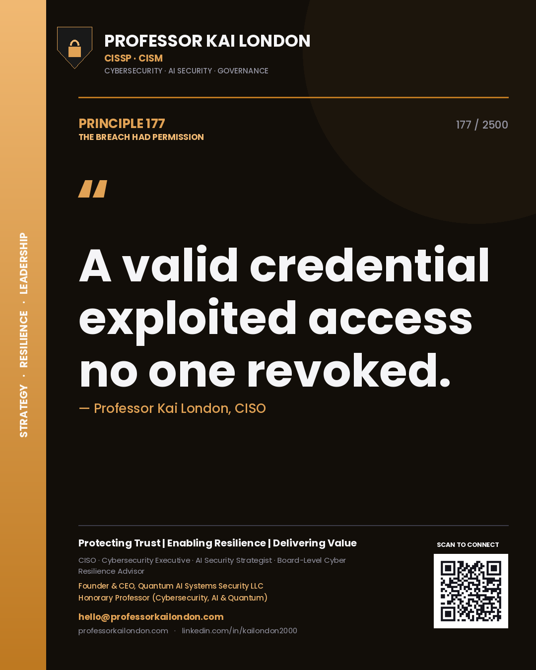 Professor Kai London principle 177: A valid credential exploited access no one revoked.