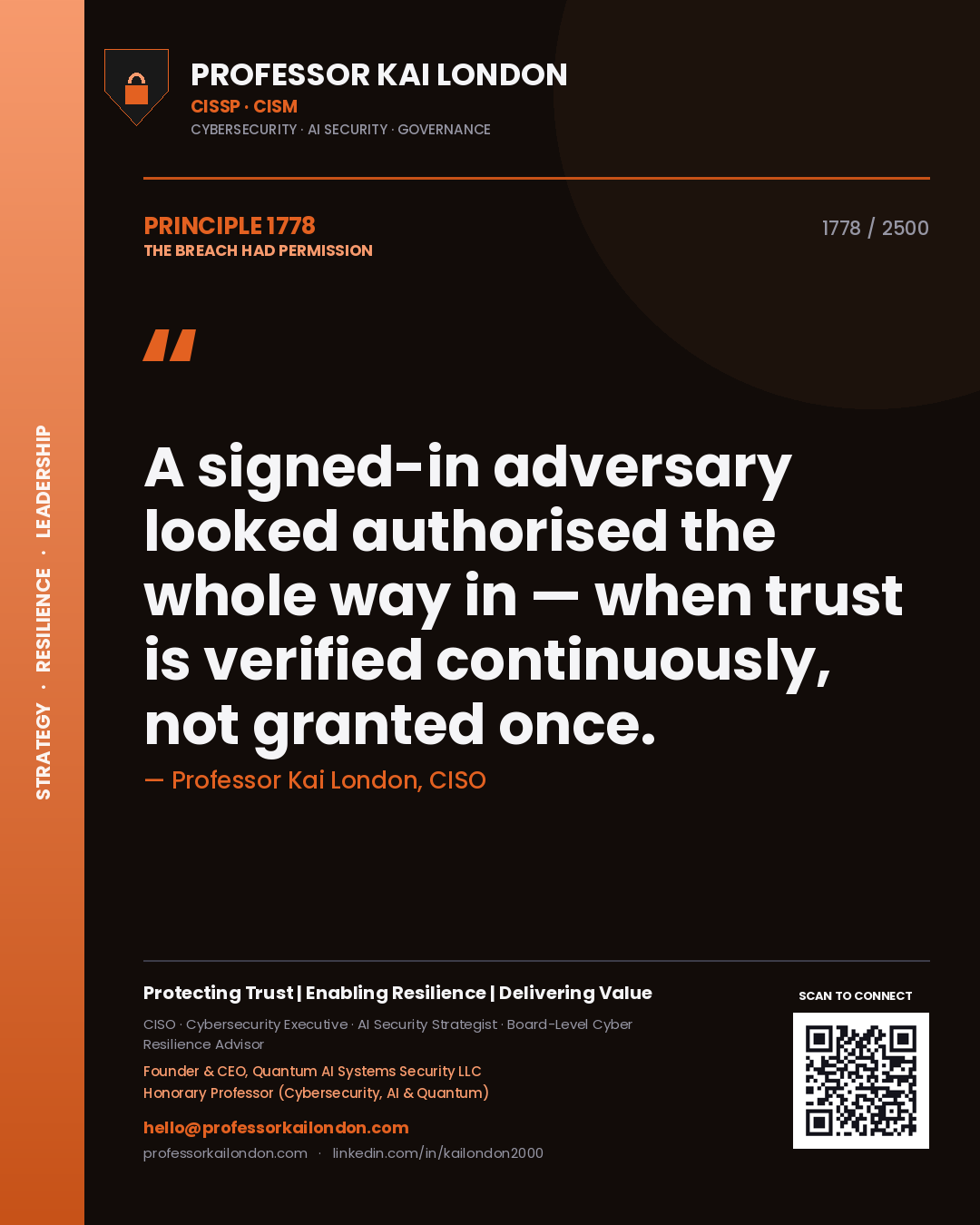 Quote card by Professor Kai London reading 'A signed-in adversary looked authorised the whole way in — when trust is verified continuously, not granted once.'. From the book The Breach Had Permission.