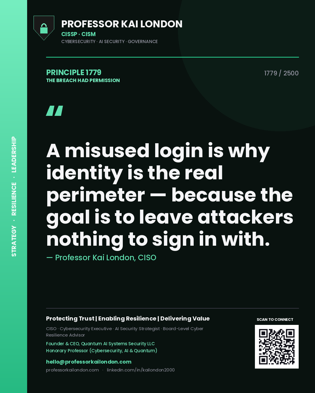 Professor Kai London principle 1779: A misused login is why identity is the real perimeter — because the goal is to leave attackers nothing to sign in with.
