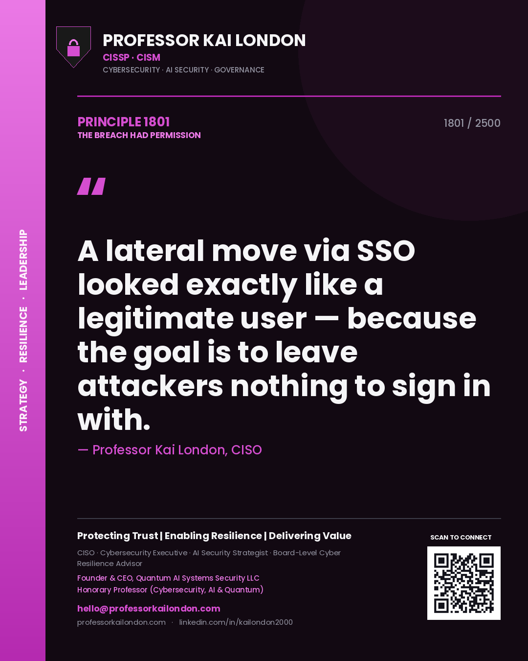 Quote card by Professor Kai London reading 'A lateral move via SSO looked exactly like a legitimate user — because the goal is to leave attackers nothing to sign in with.'. From the book The Breach Had Permission.