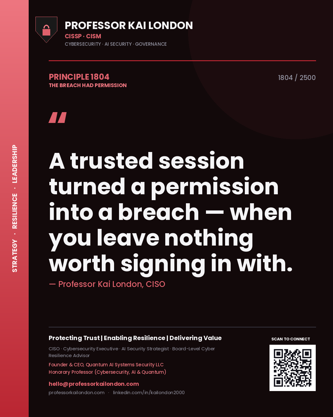 Professor Kai London principle 1804: A trusted session turned a permission into a breach — when you leave nothing worth signing in with.