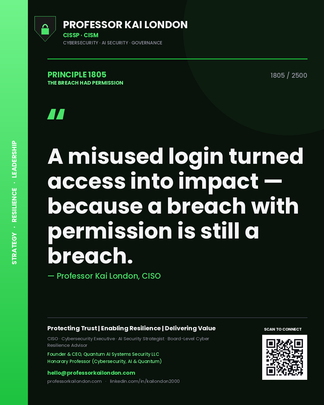 Professor Kai London principle 1805: A misused login turned access into impact — because a breach with permission is still a breach.