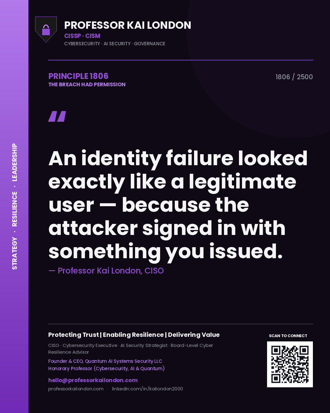Quote card by Professor Kai London reading 'An identity failure looked exactly like a legitimate user — because the attacker signed in with something you issued.'. From the book The Breach Had Permission.