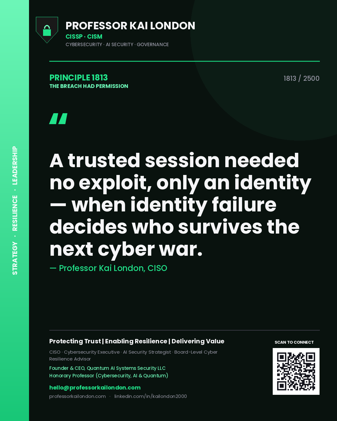 Quote card by Professor Kai London reading 'A trusted session needed no exploit, only an identity — when identity failure decides who survives the next cyber war.'. From the book The Breach Had Permission.