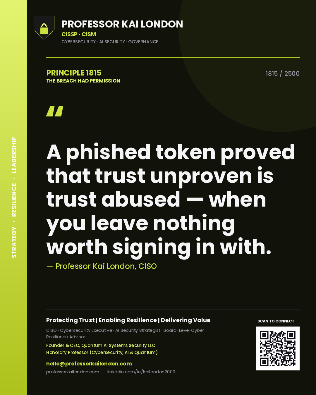 Quote card by Professor Kai London reading 'A phished token proved that trust unproven is trust abused — when you leave nothing worth signing in with.'. From the book The Breach Had Permission.